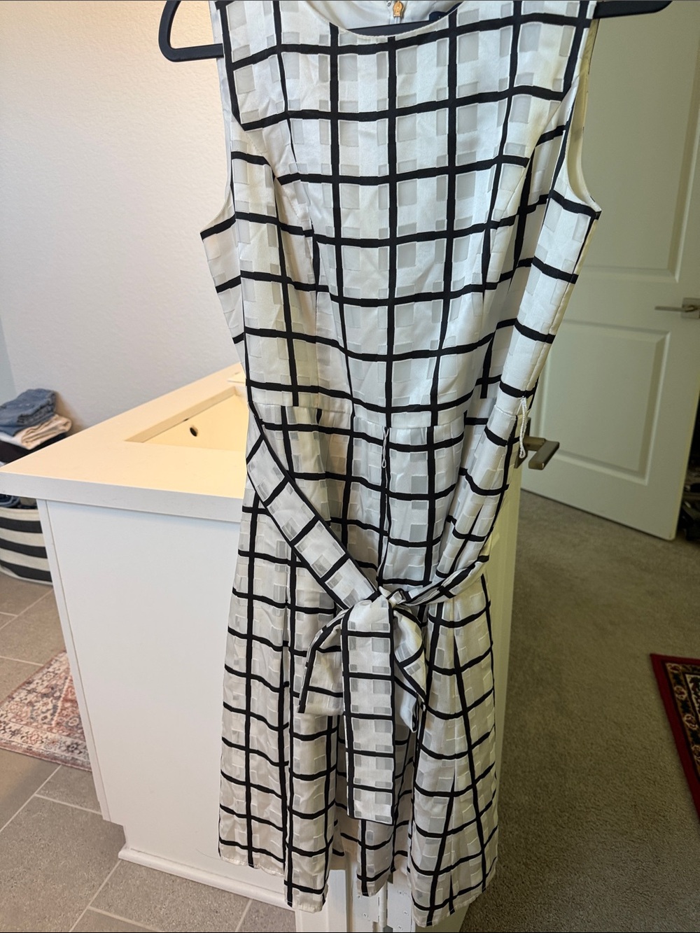 Tommy Hilfiger Black & White Windowpane Tie-Front Midi Dress